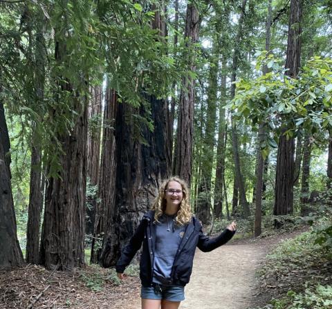 Madison pointing towards trees